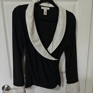 White House Black Market Black Blouse with White Collar